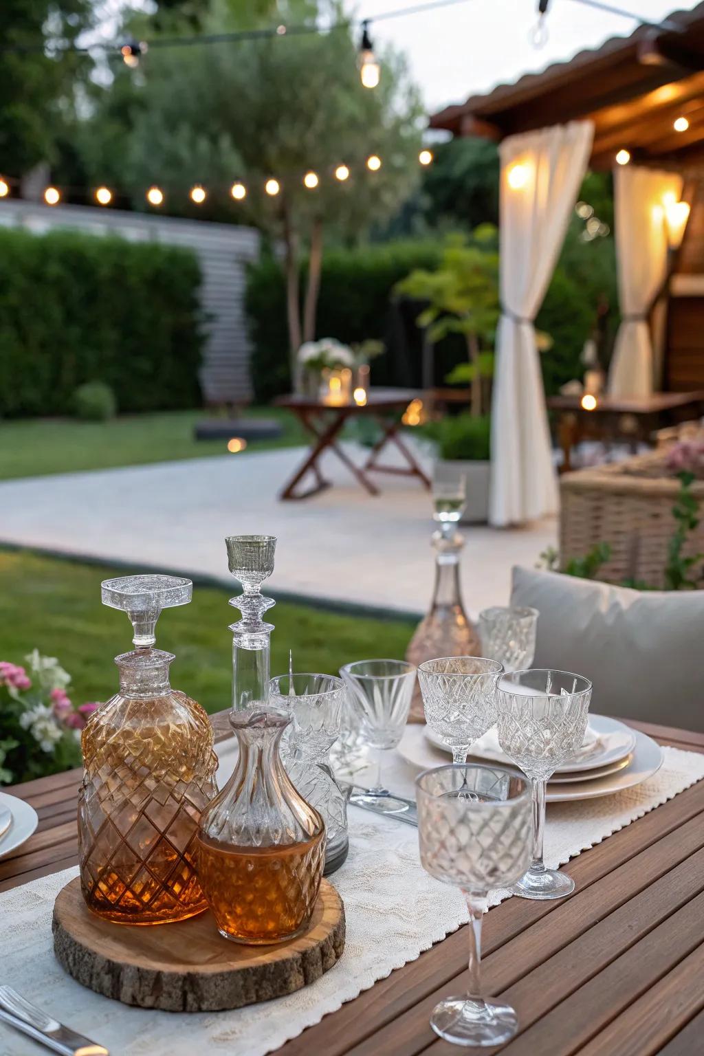 Glass vessels adding elegance to an outdoor table setup.