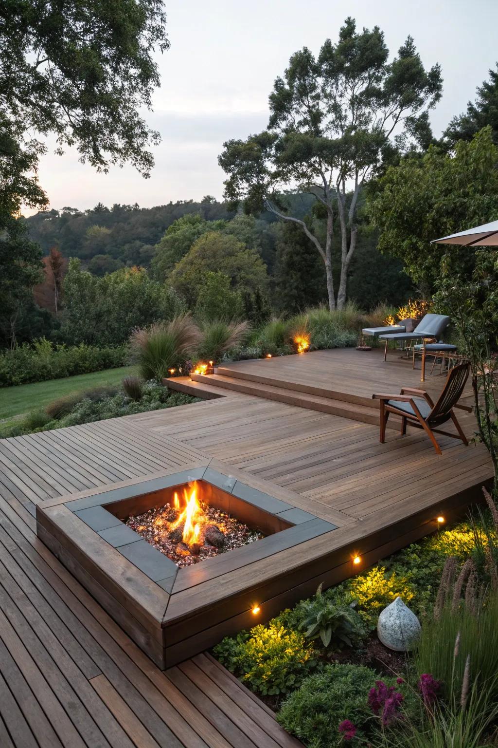 A floating deck with a fire pit establishes a spacious and welcoming outdoor area.