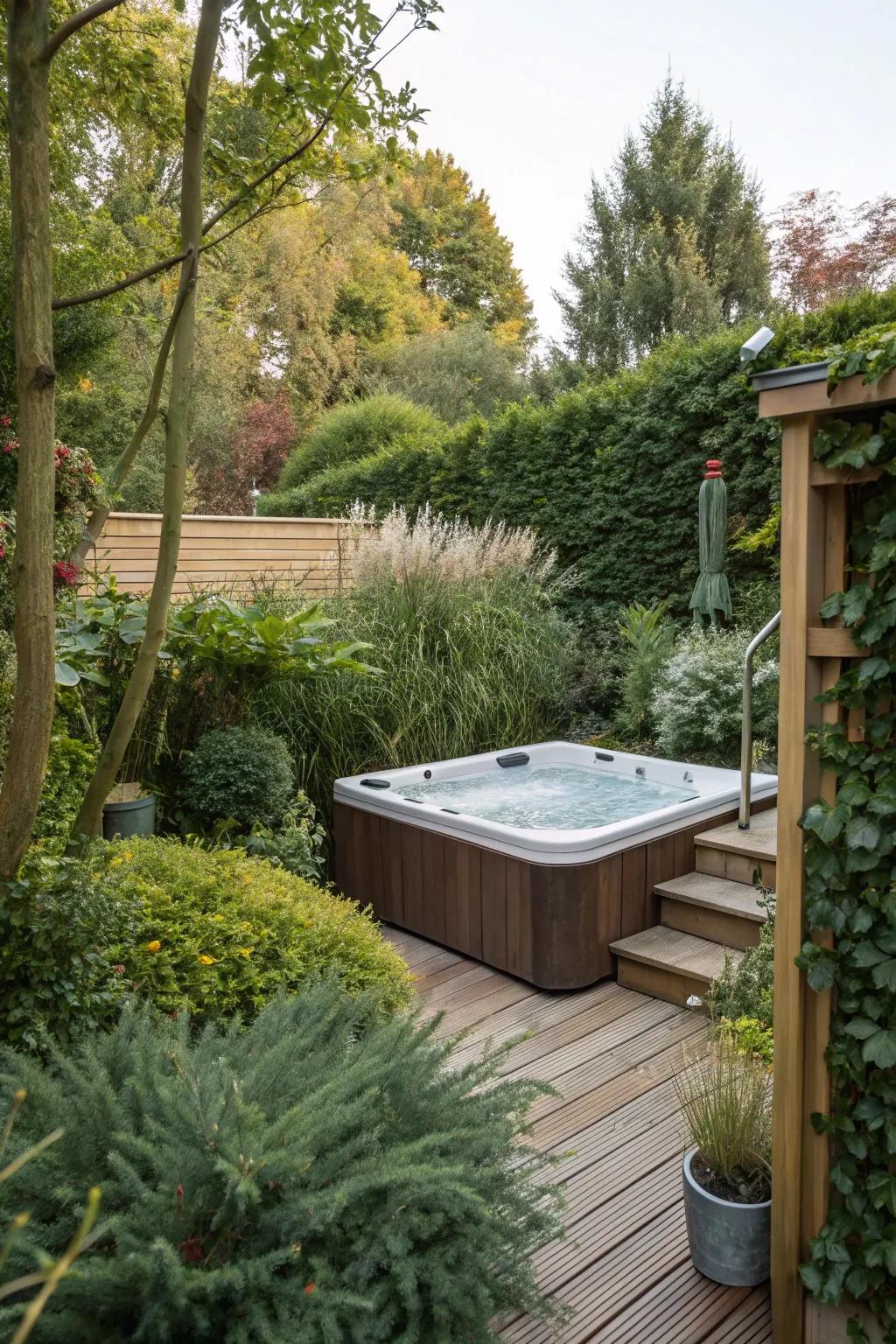 Rich landscaping provides privacy and beauty around the hot tub.