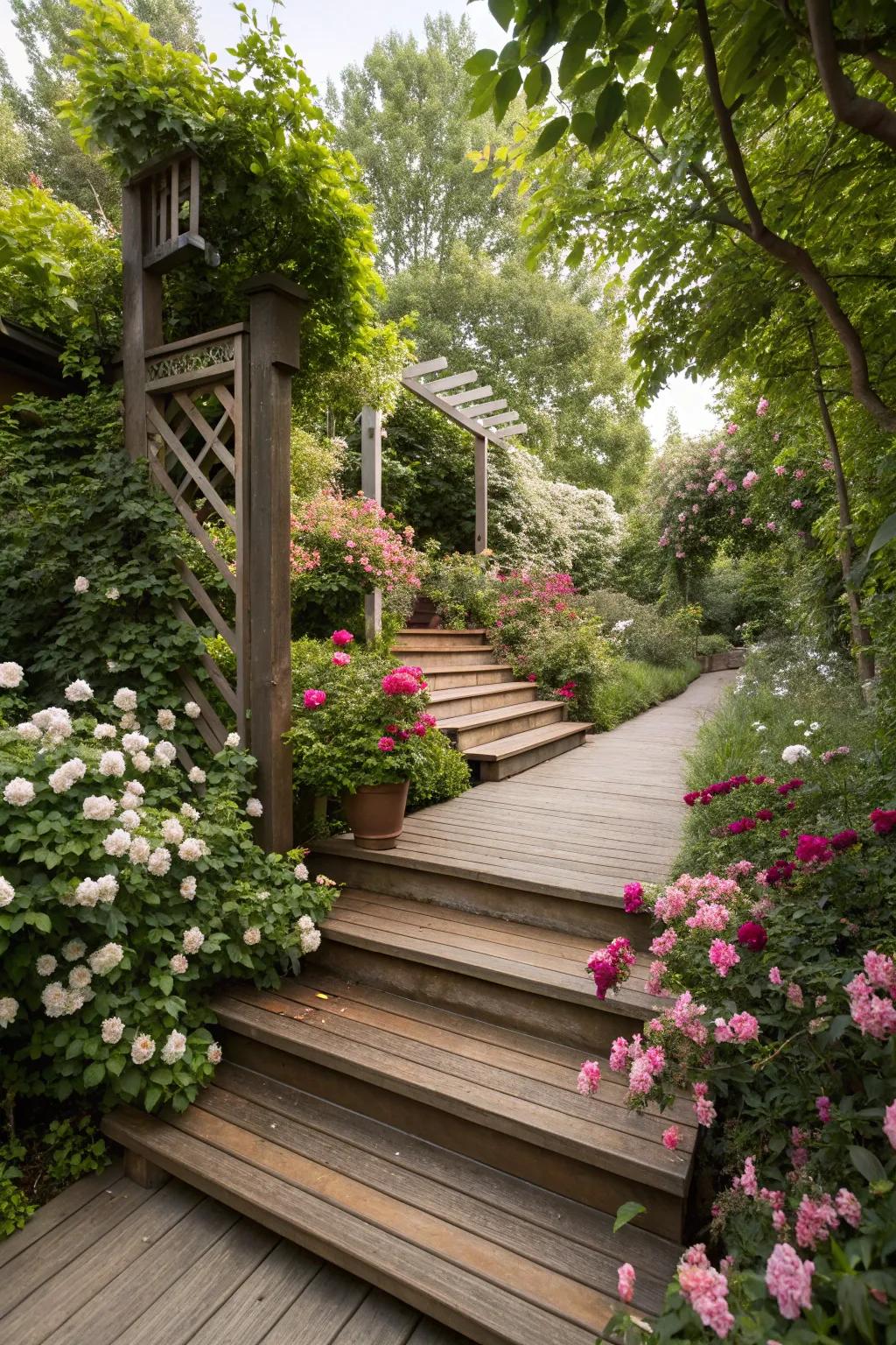 Deck stairways beautifully integrated with landscaping