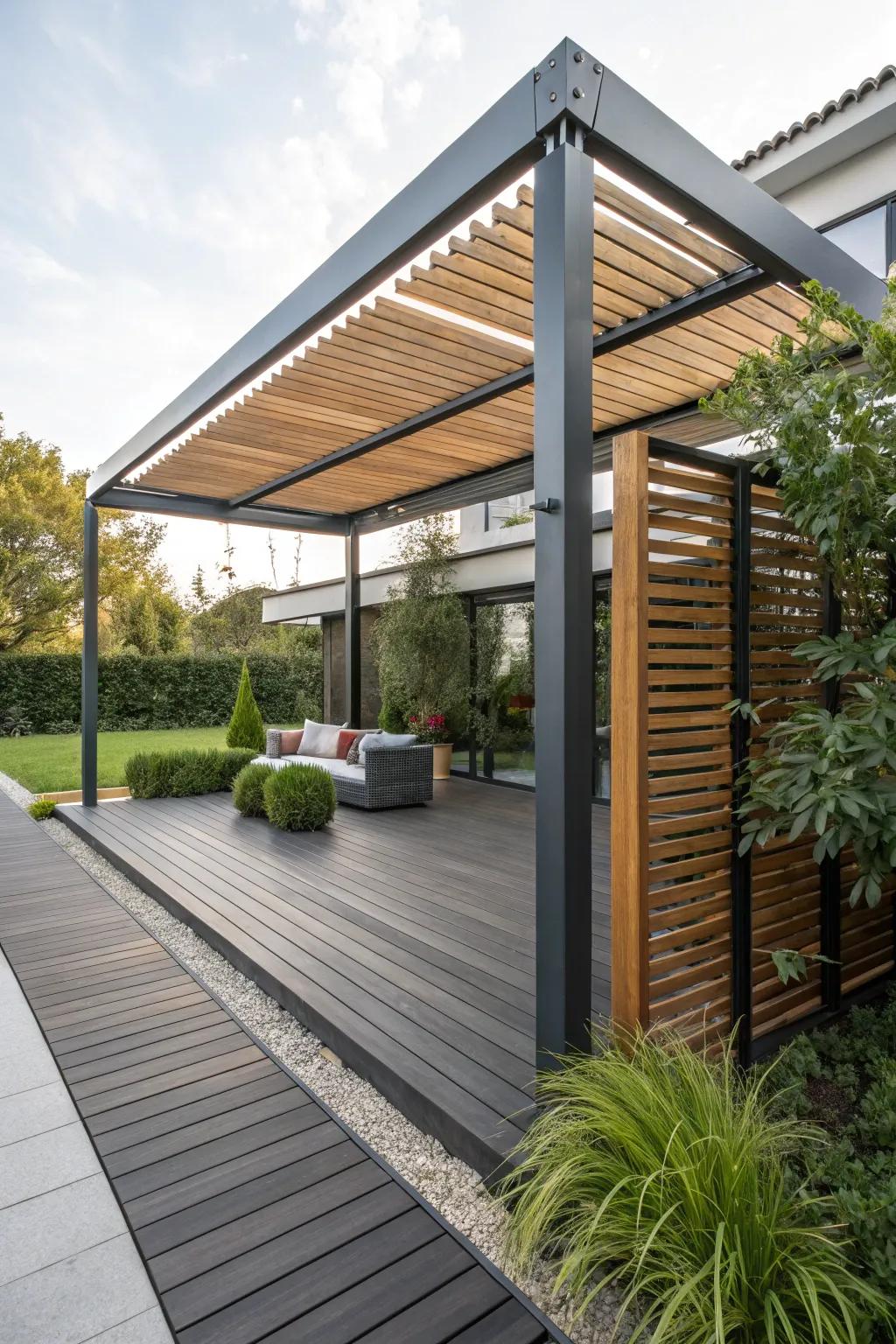 A pergola integrating modern and rustic components for a stylish aesthetic.