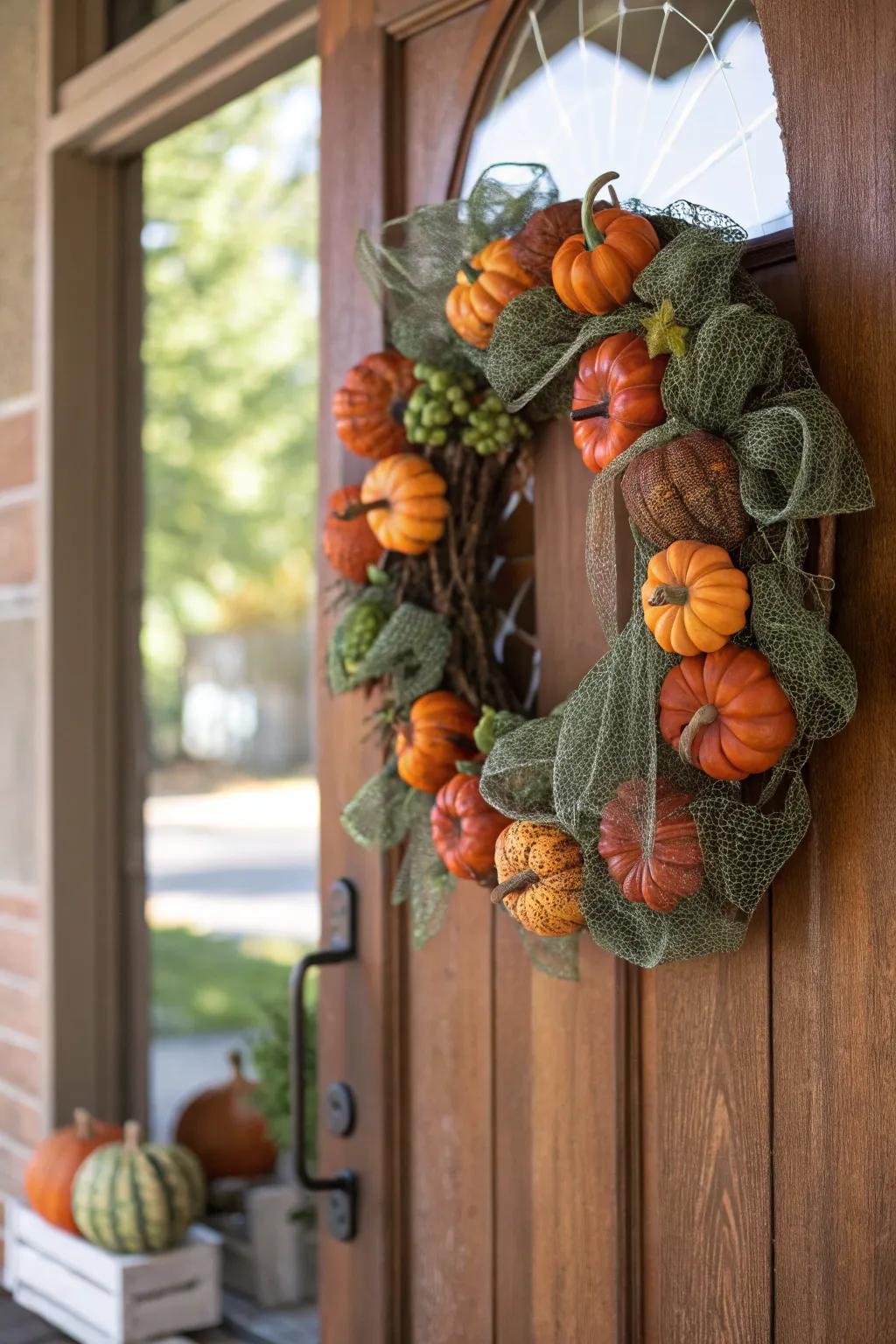 Delightful faux pumpkins enrich this deco mesh wreath.