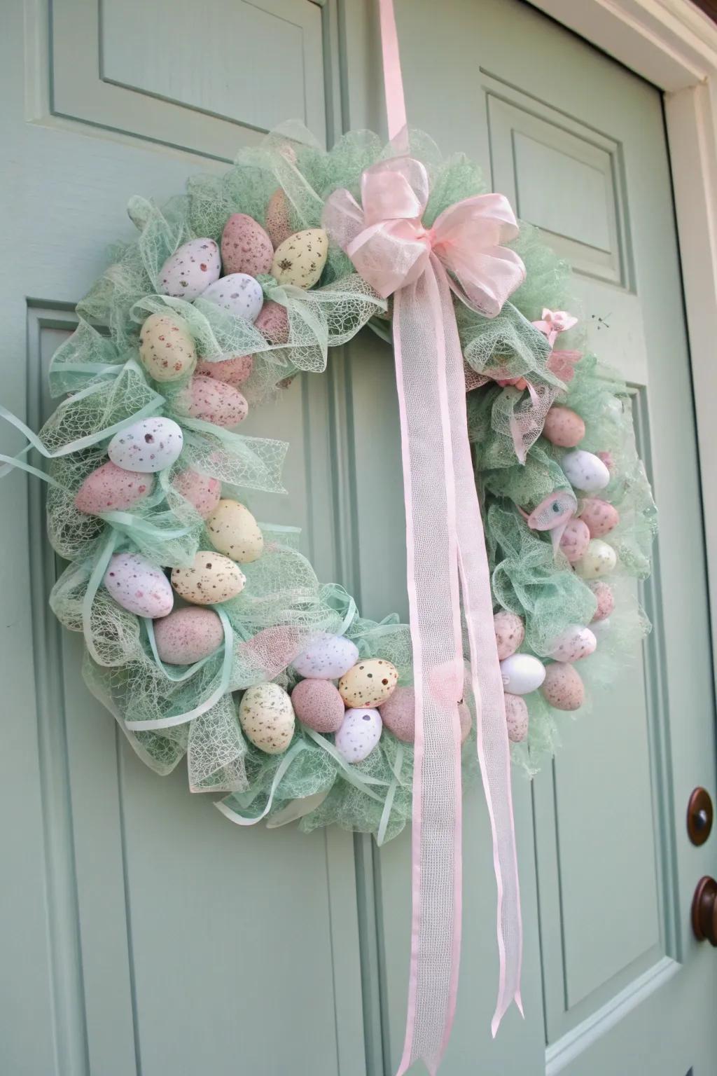 An elegant Easter-themed deco mesh wreath.