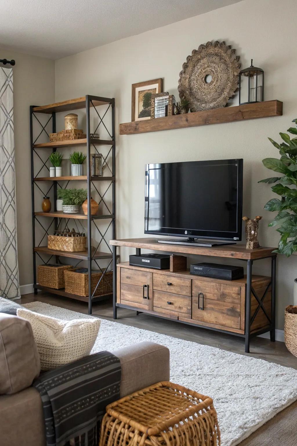 Distinct textures enrich the character and warmth of the TV area.