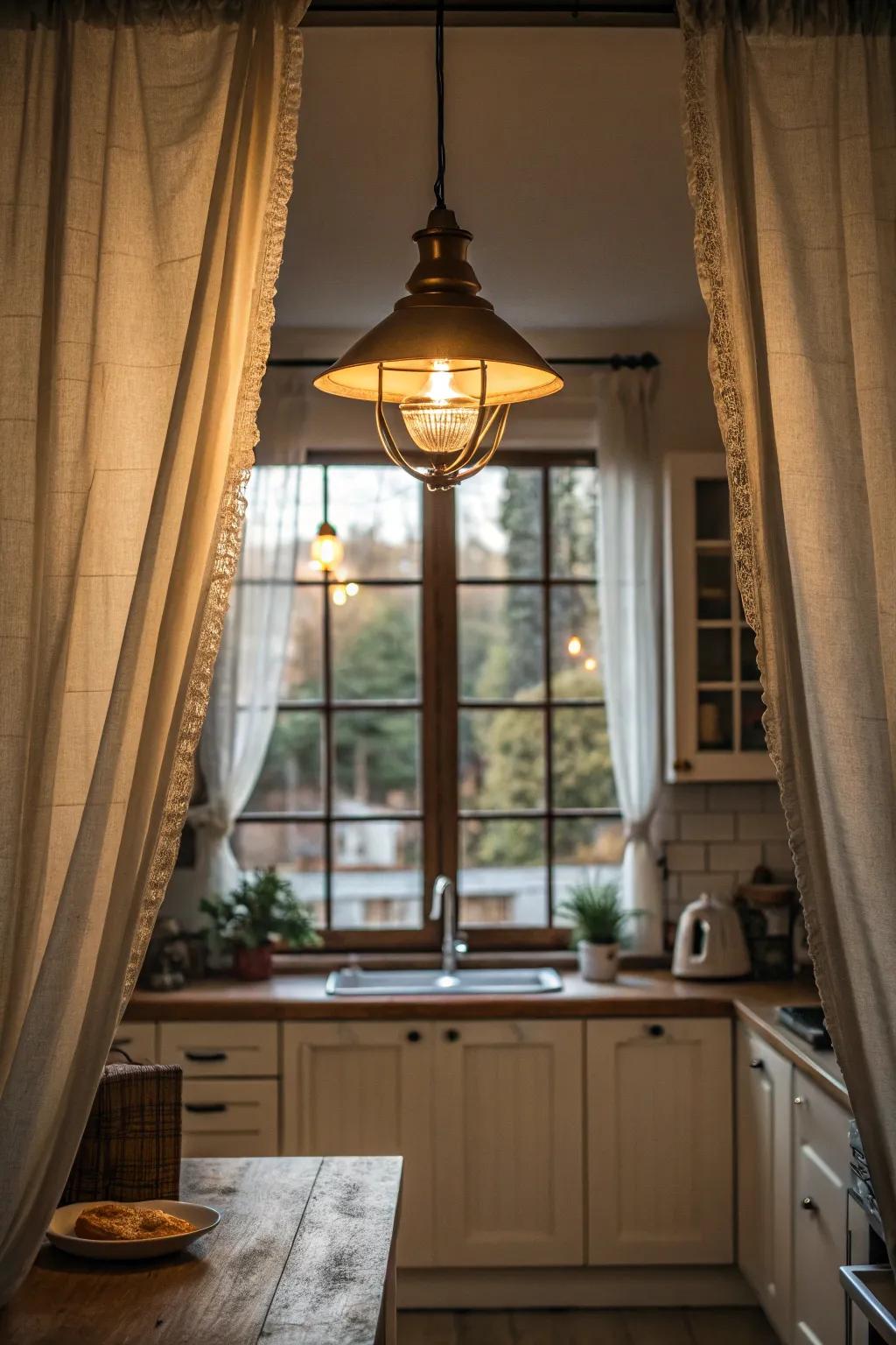 A hanging lamp enriches the kitchen with warmth and design.