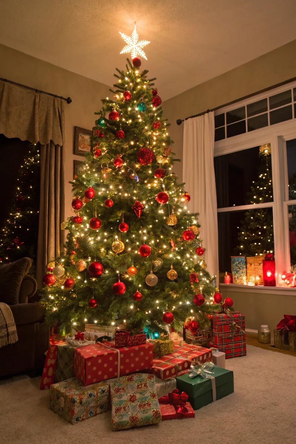 A lively Christmas tree with fiesta-inspired lights and colorful decorations.