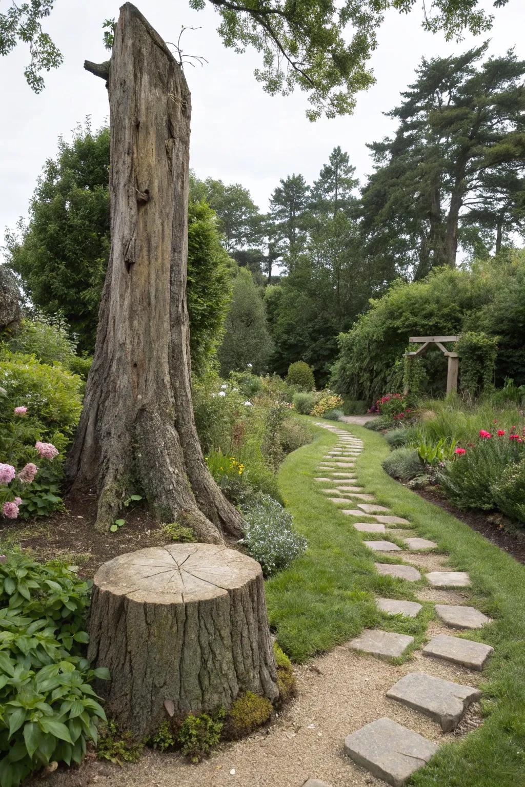 Incorporate your stump into a rustic garden pathway.