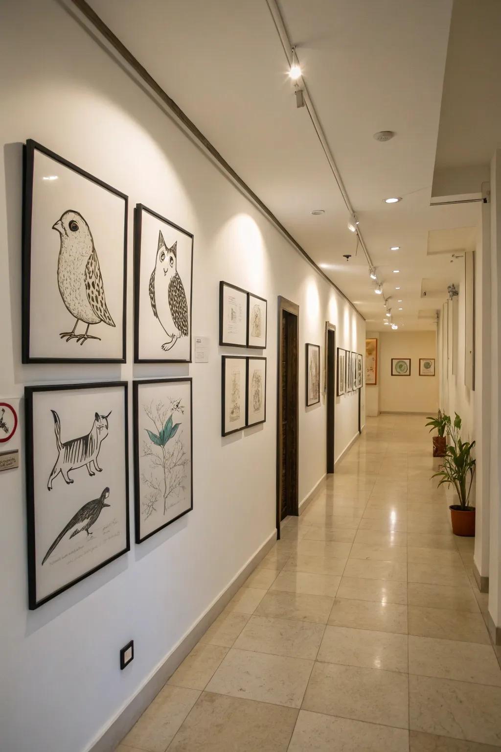 A hallway adorned with framed minimalist animal sketches.
