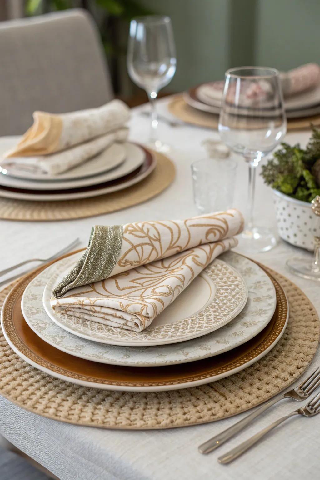 Layered presentation plates with textiles for added elegance.