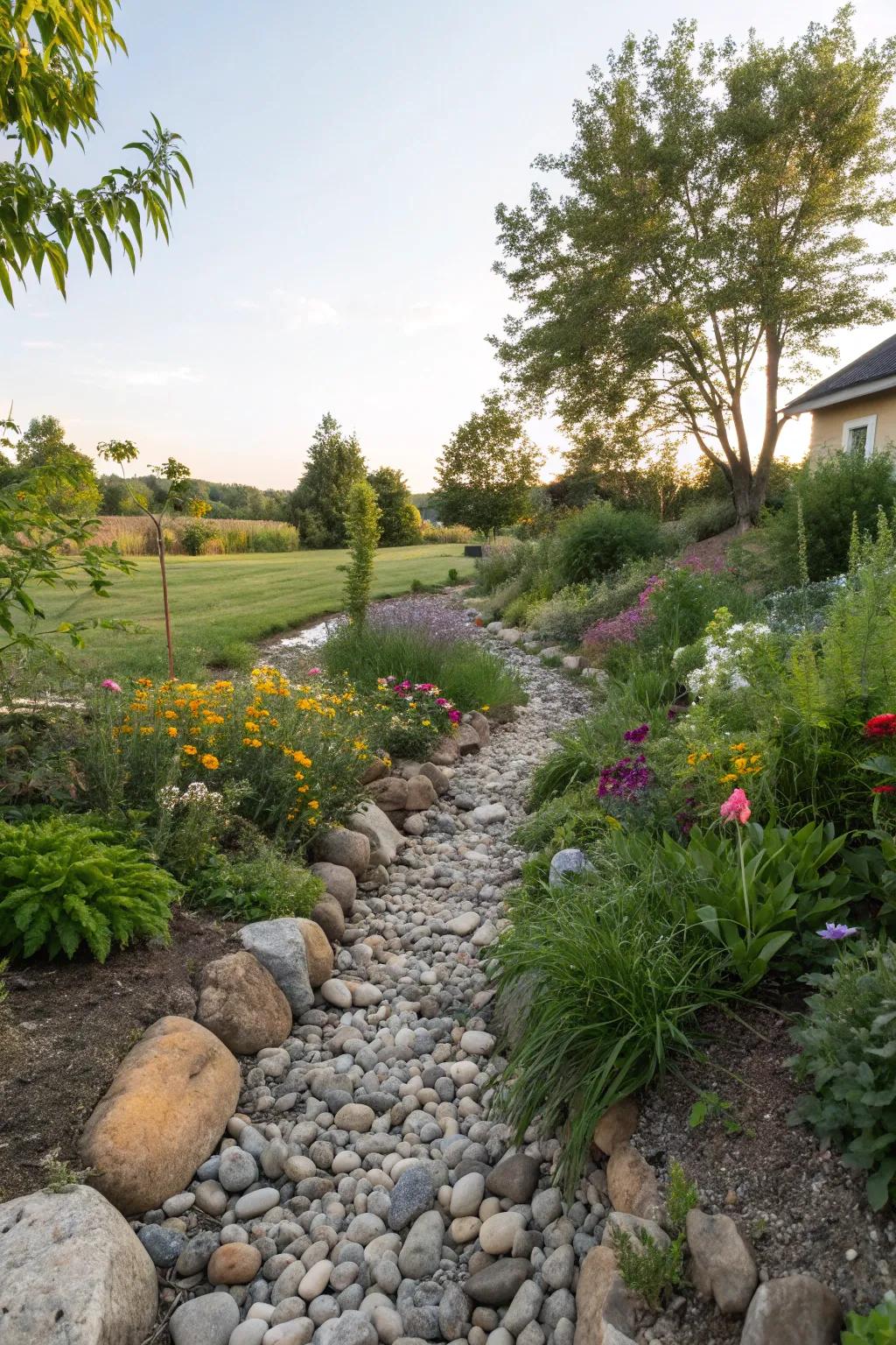 River rock paths mimic natural stream beds beautifully.