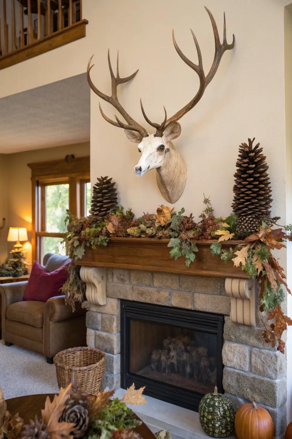 Nature-inspired elements complement this deer skull above a mantel.