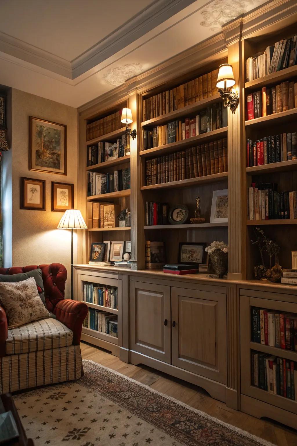 Shelving units add both style and function to the snug space.