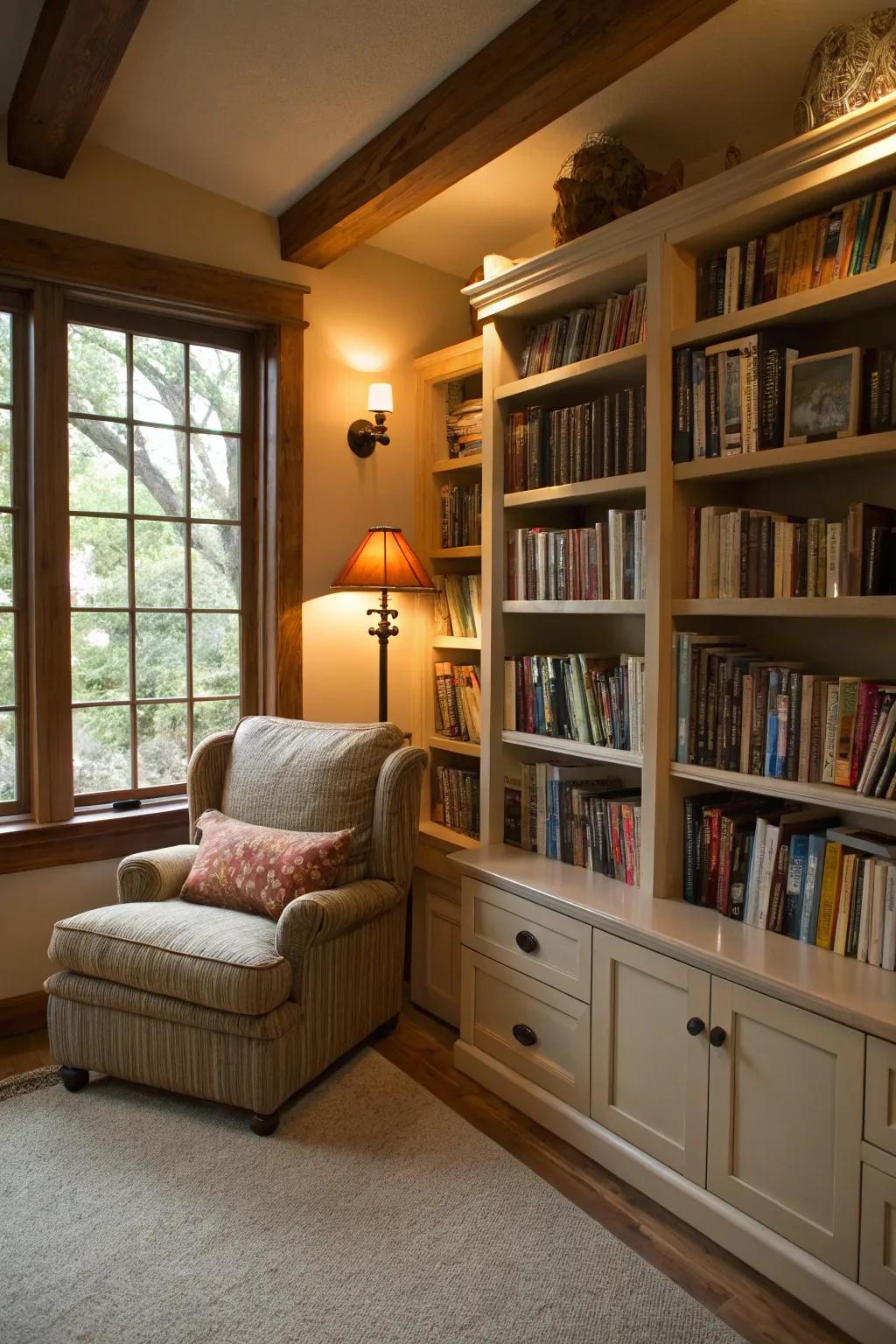 A relaxation room showcasing a comfortable personal library with integrated bookshelves.