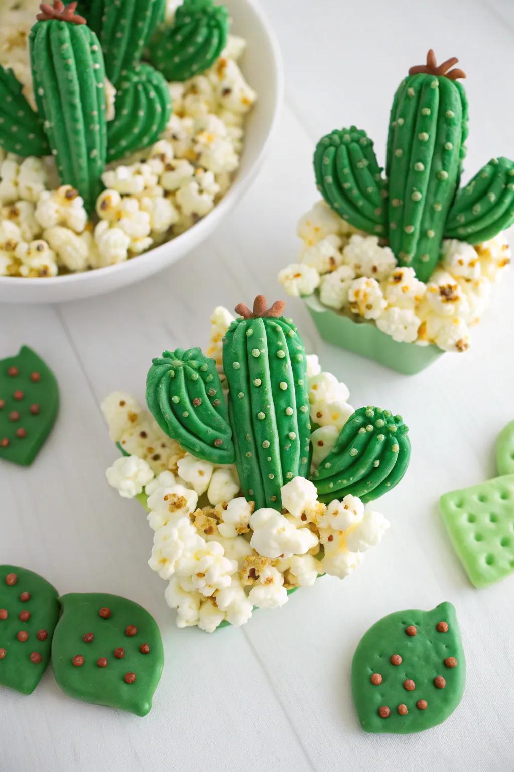 Popped corn delights shaped like spiked goodness using verdant confectionery melts.