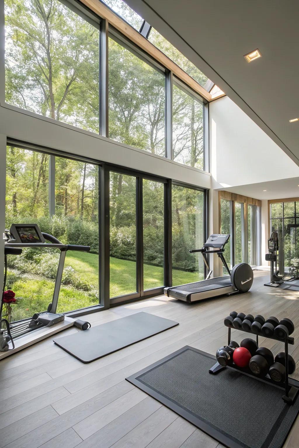 A bright fitness area with copious sunlight, enhancing the exercise experience.
