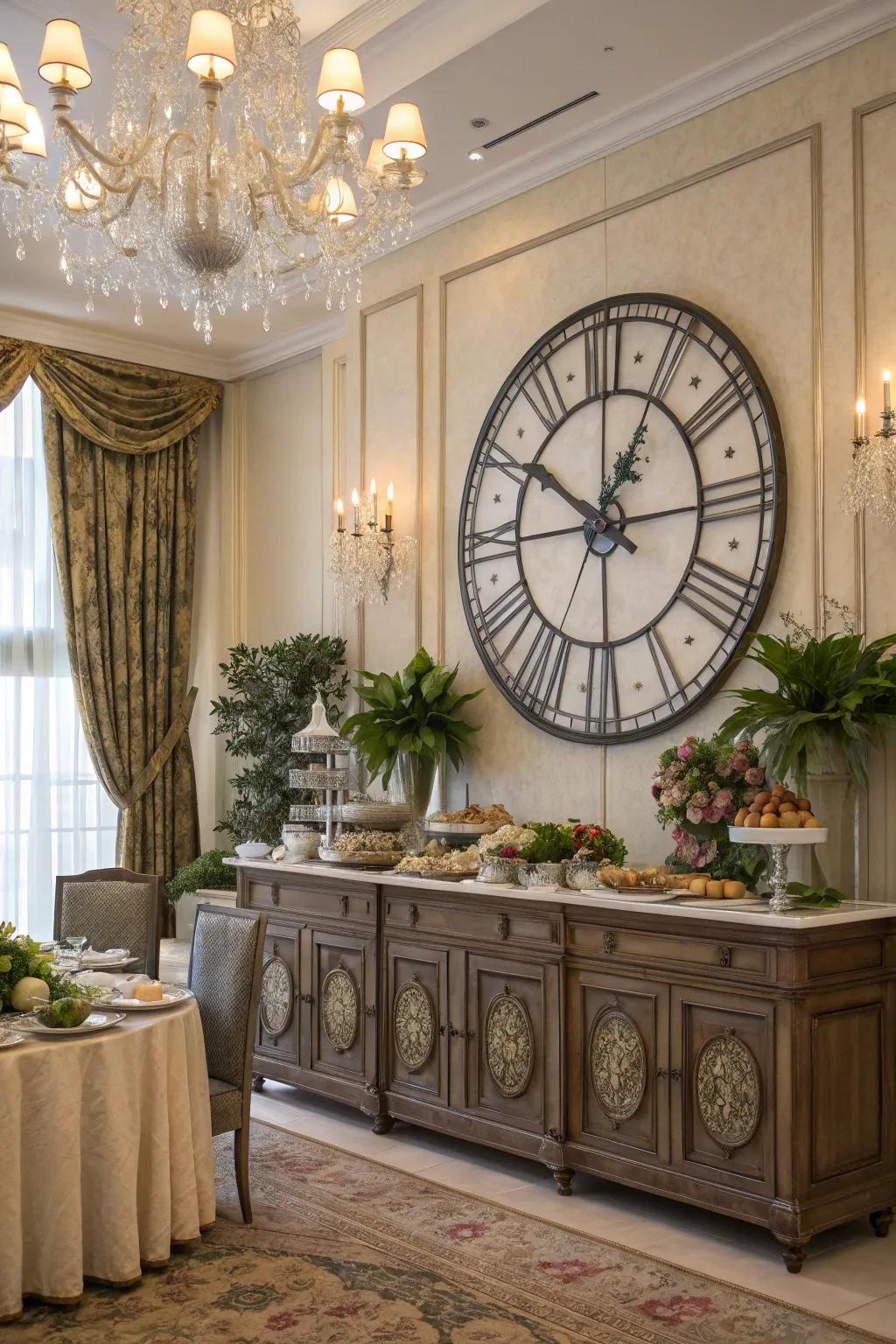 A prominent clock serves as both a practical and stylish centerpiece.