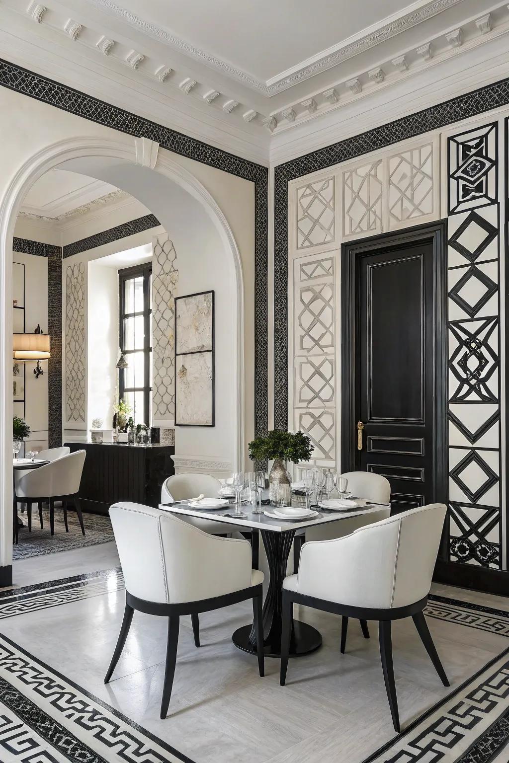 A classic ebony and ivory dining space exuding timeless sophistication.