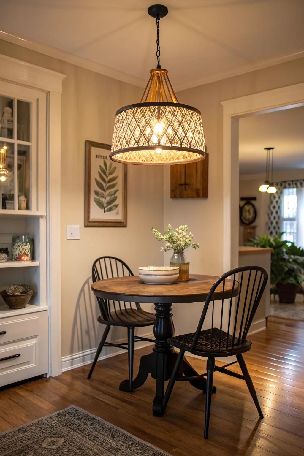 An ornate light fixture adds drama and visual interest to a dining corner.