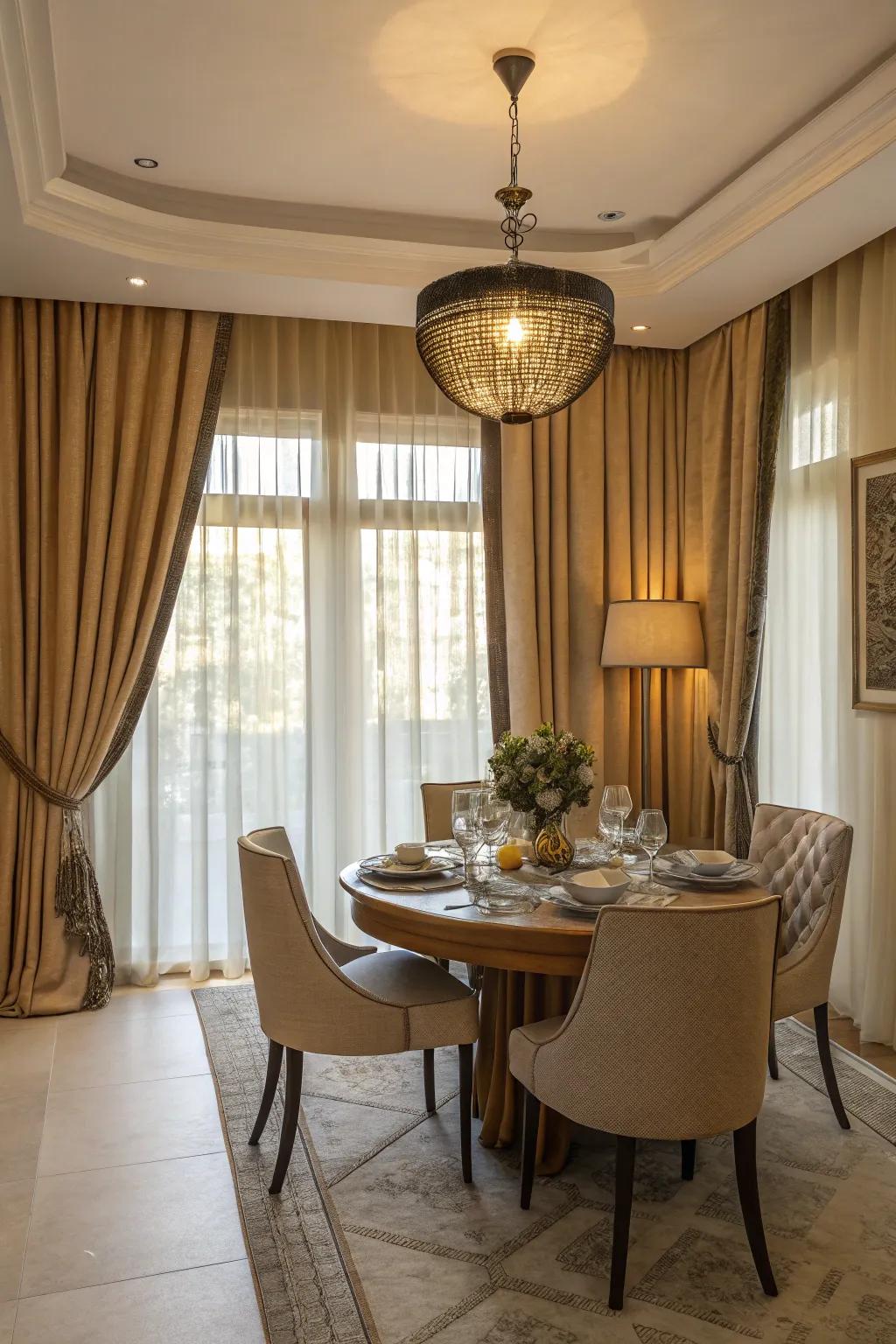 Harmonious coordination of window coverings and furnishings in a dining area.