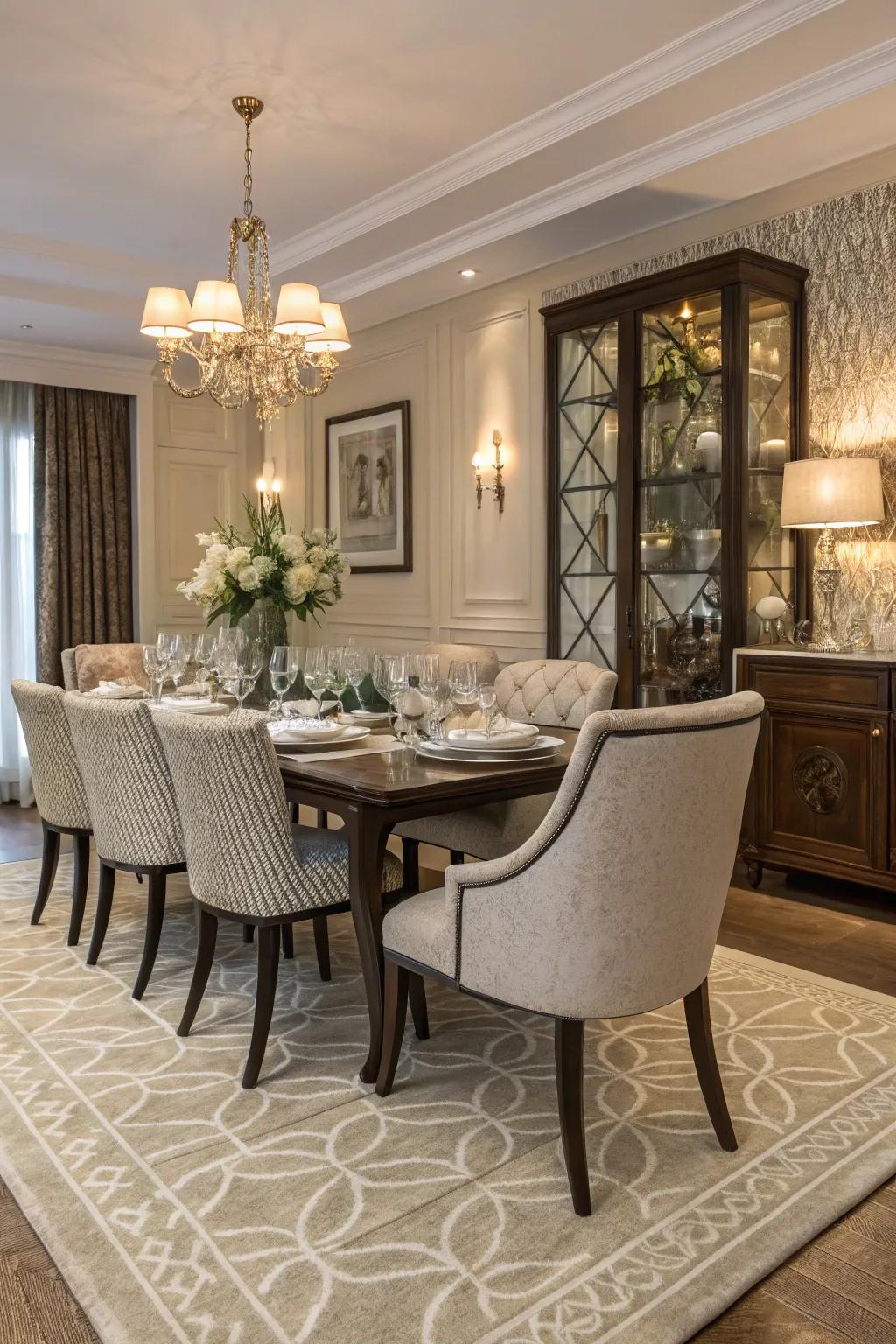 A textured rug defines and warms the dining area.
