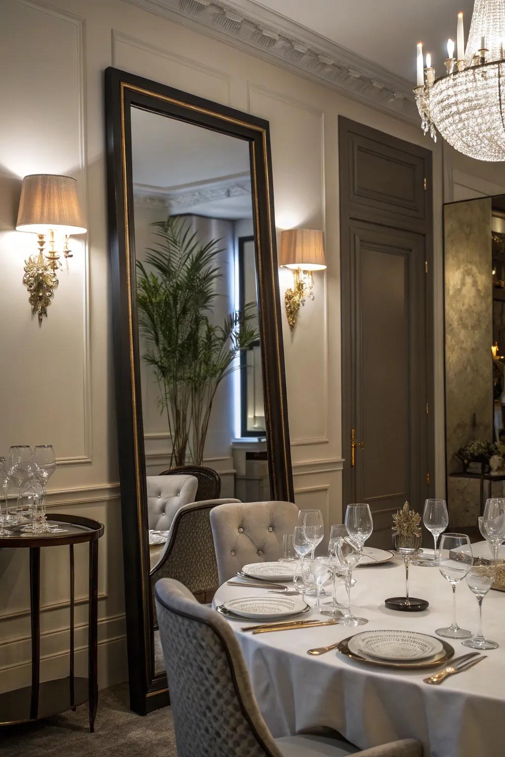 A floor-length reflection enhances altitude and refinement.