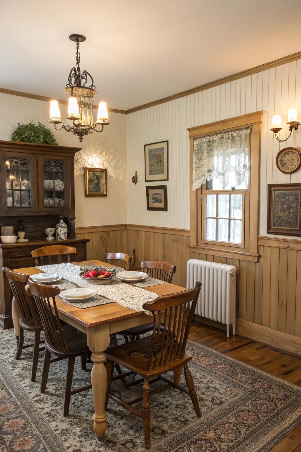 Beadboard wainscoting adds a touch of elegance and texture to this dining room.