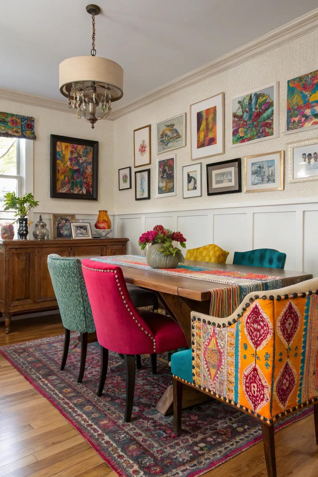 An eclectic mix of colors injects playful energy into the dining area.