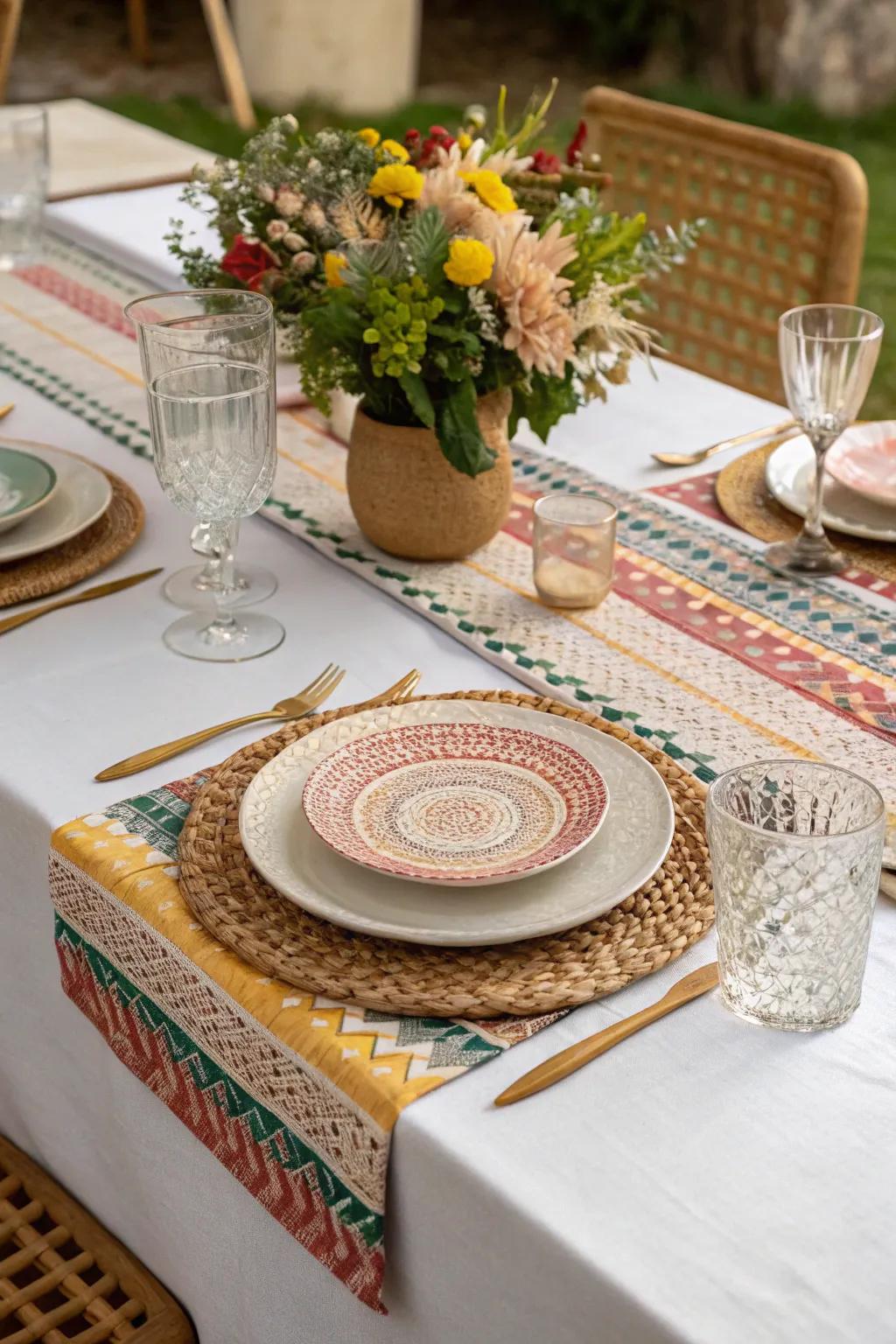 Varied surfaces add dimension and interest to a dinner table setting.
