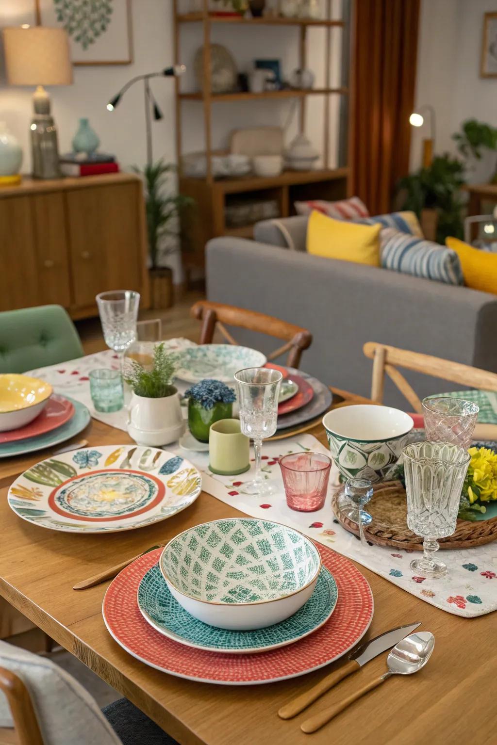 A mix of tableware textures and patterns creates visual interest.