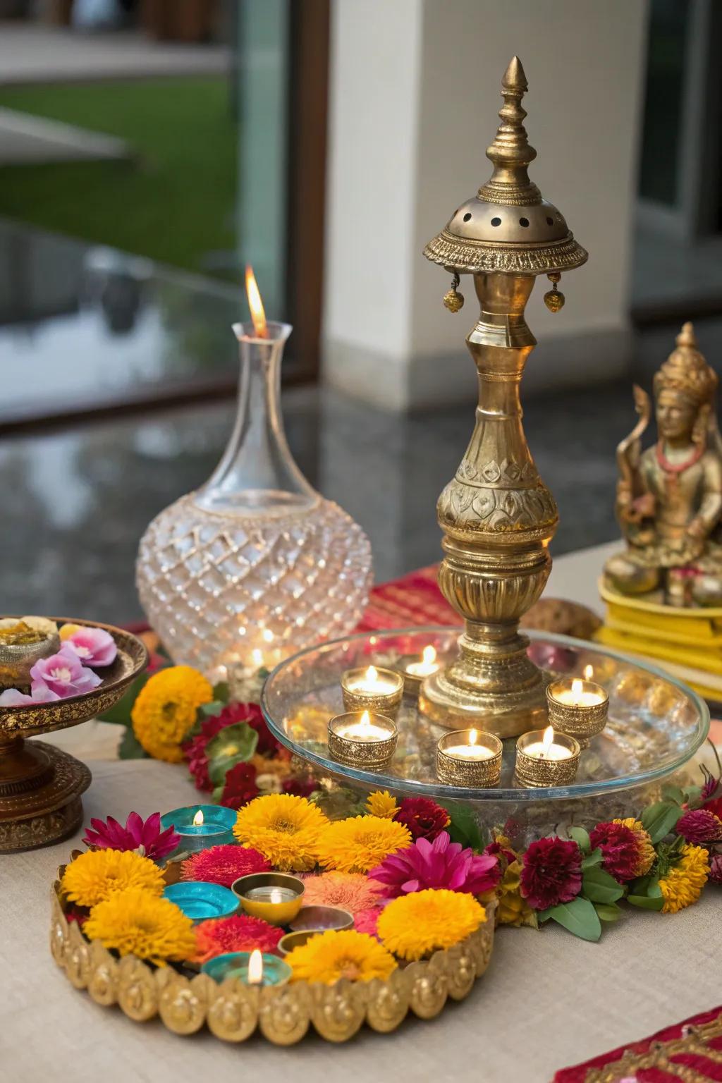 Celebratory focal decor featuring glass and brass objects introduce a touch of elegance to the surface.