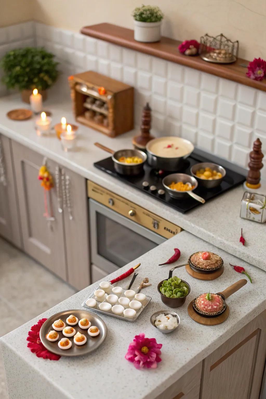 A tiny kitchen scene brings warmth to the Golu display.