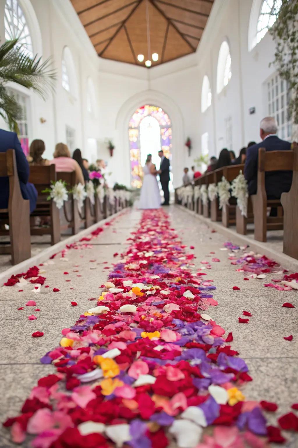 A petal-sprinkled aisle contributes a hint of softness and hue.