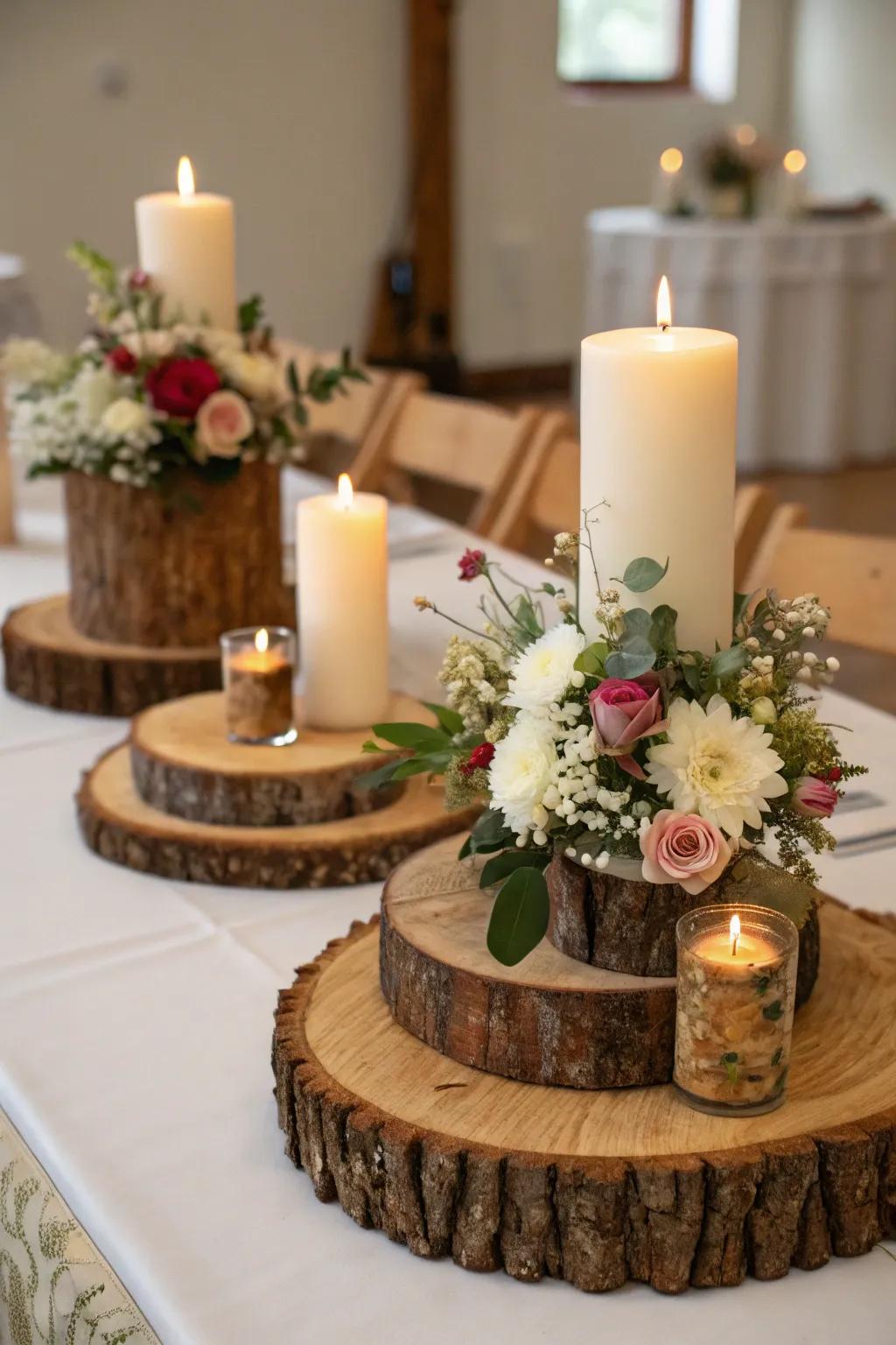 Bring the woodland inside with natural wooden slices.