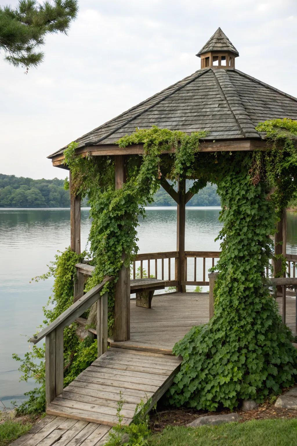 Integrate your gazebo with the environment, using stone and wood for a unified appearance.