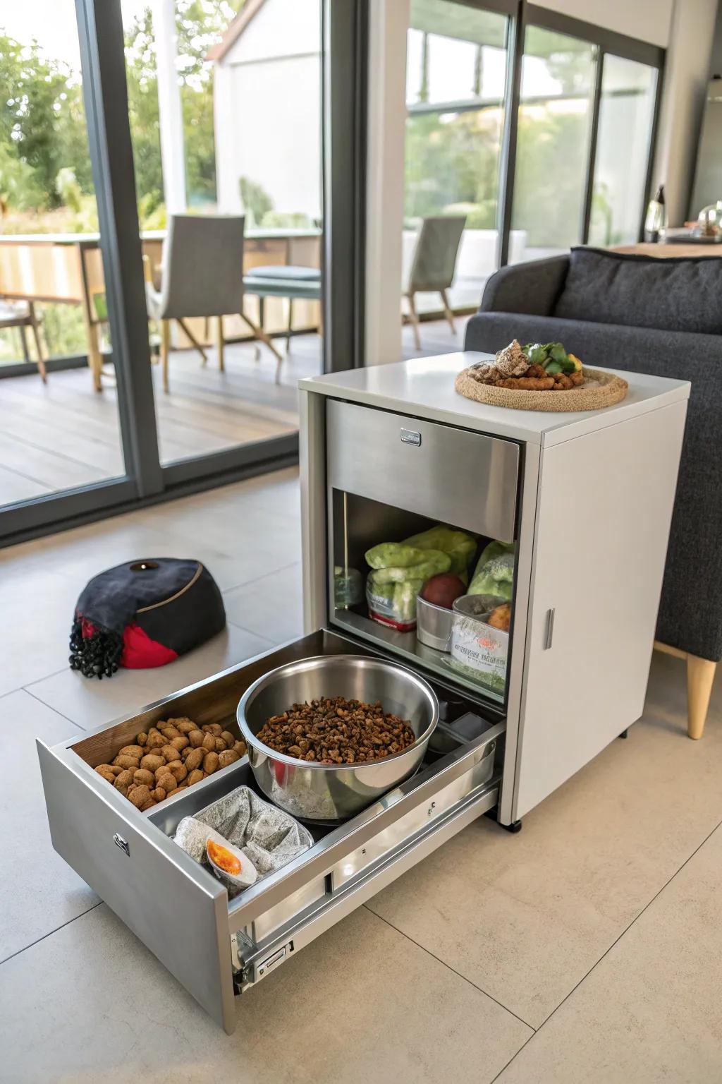 An integrated setup merges dining and storage in a streamlined, modern design.