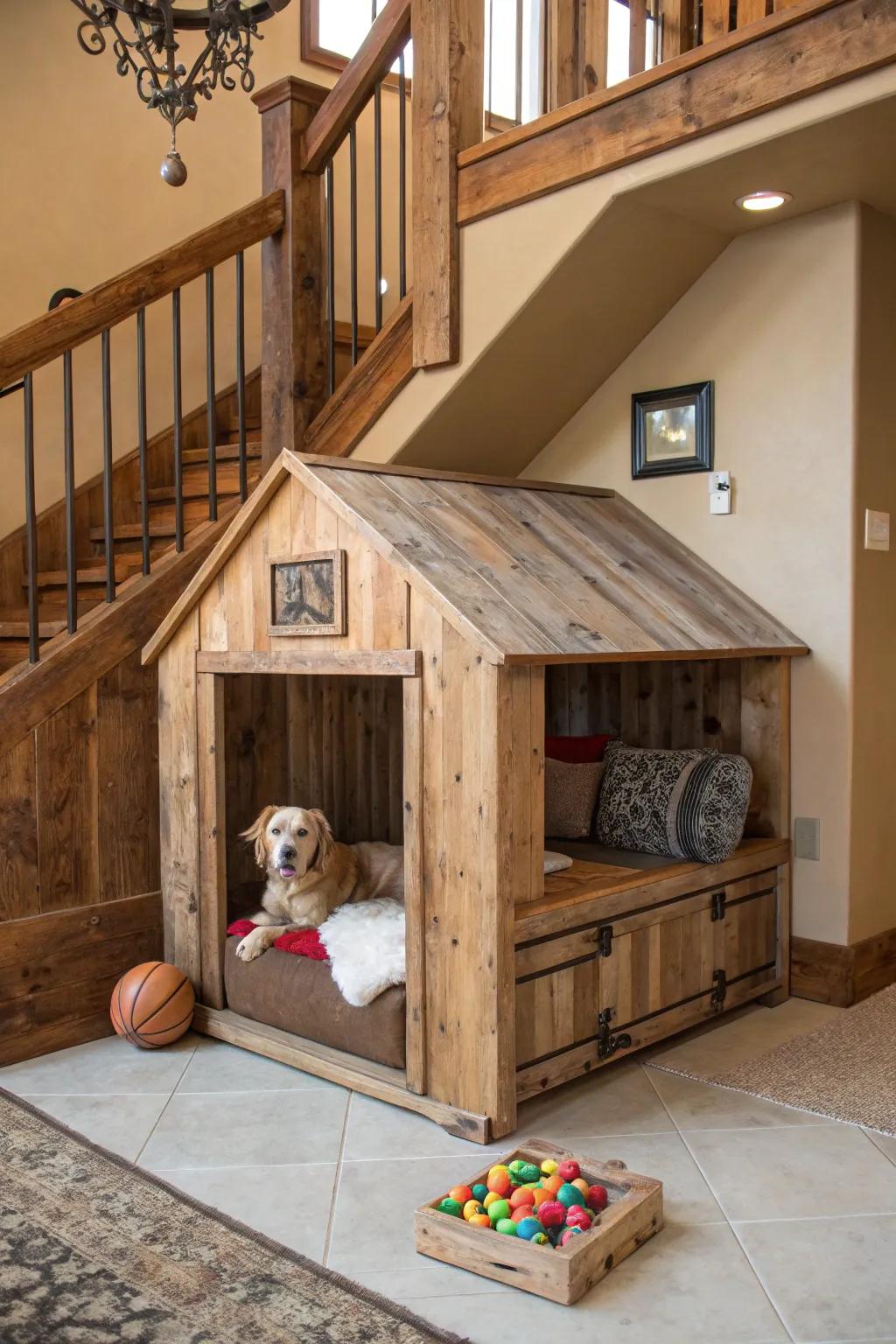 A DIY dog nook fashioned from reclaimed wood infuses a personal touch and rustic charm.