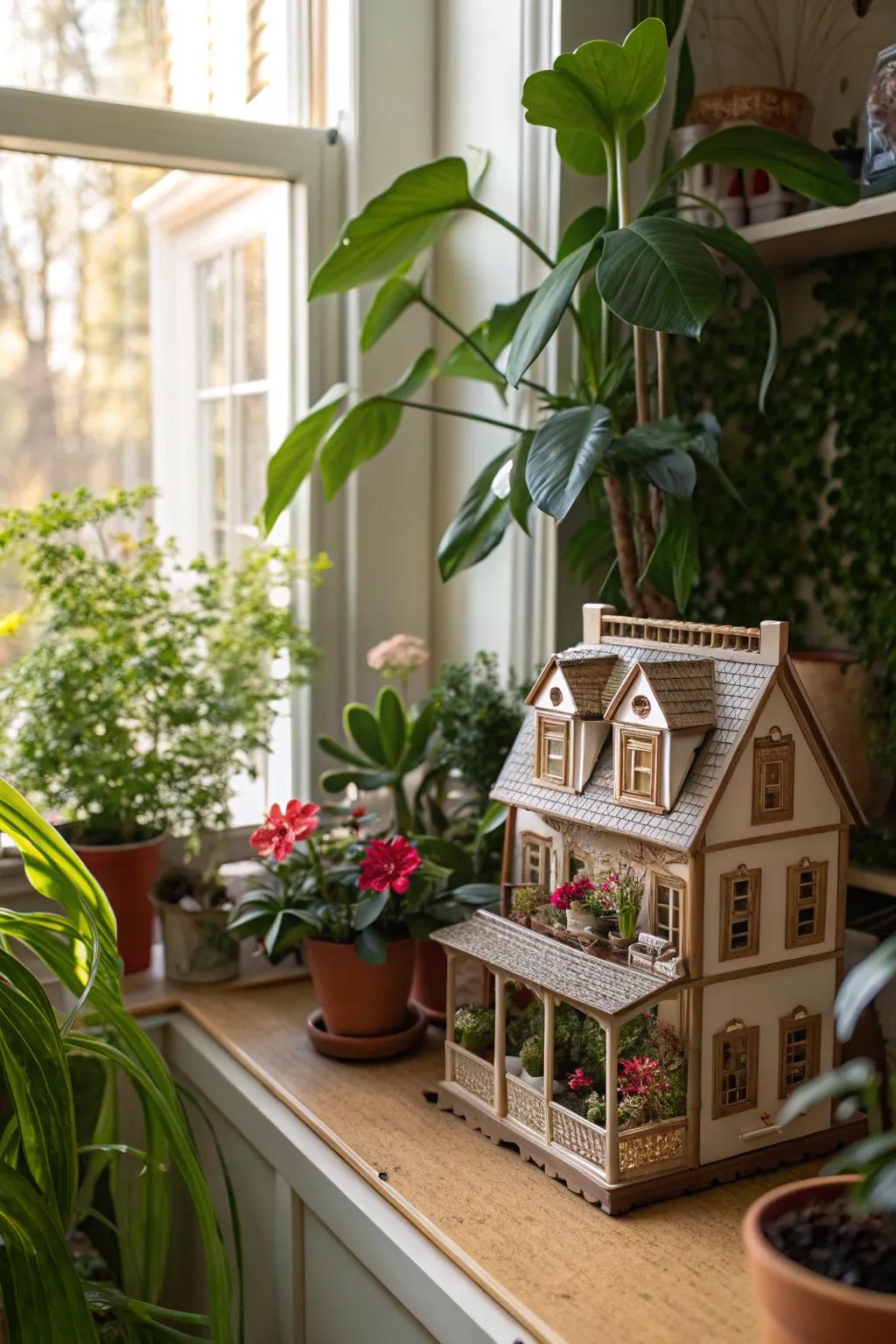 Natural elements beautifully complement a dollhouse arrangement.