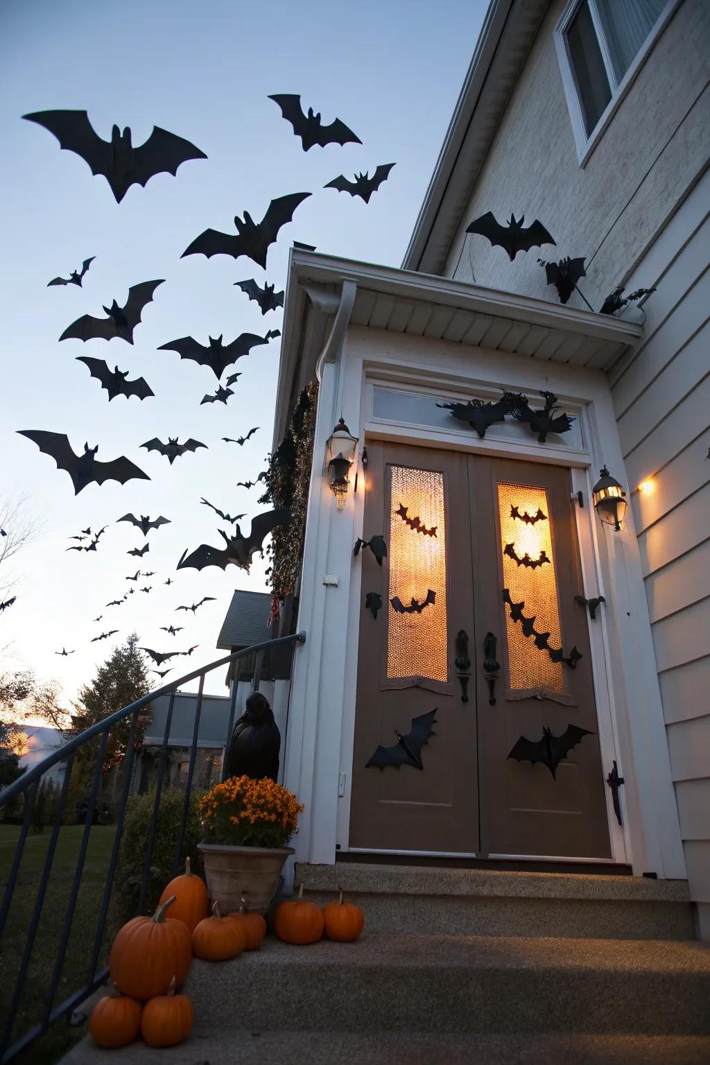 A swarm of flying feline creatures brings Halloween to life on this door.