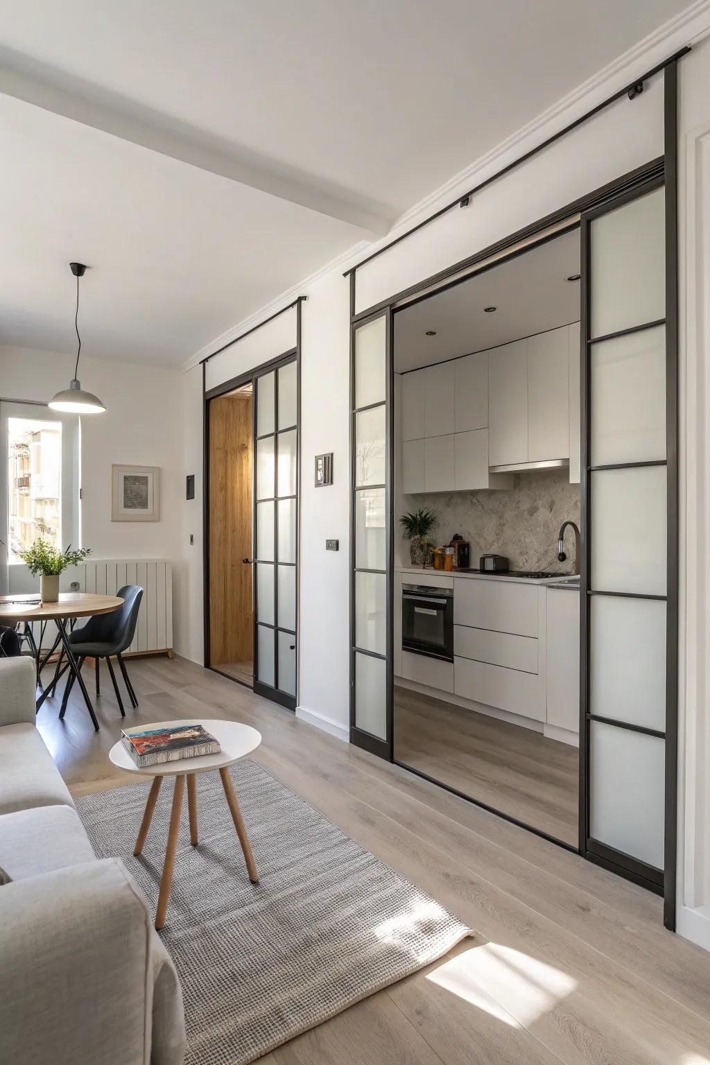 Minimalist disappearing doors maximize space and maintain a clean aesthetic in this studio apartment.