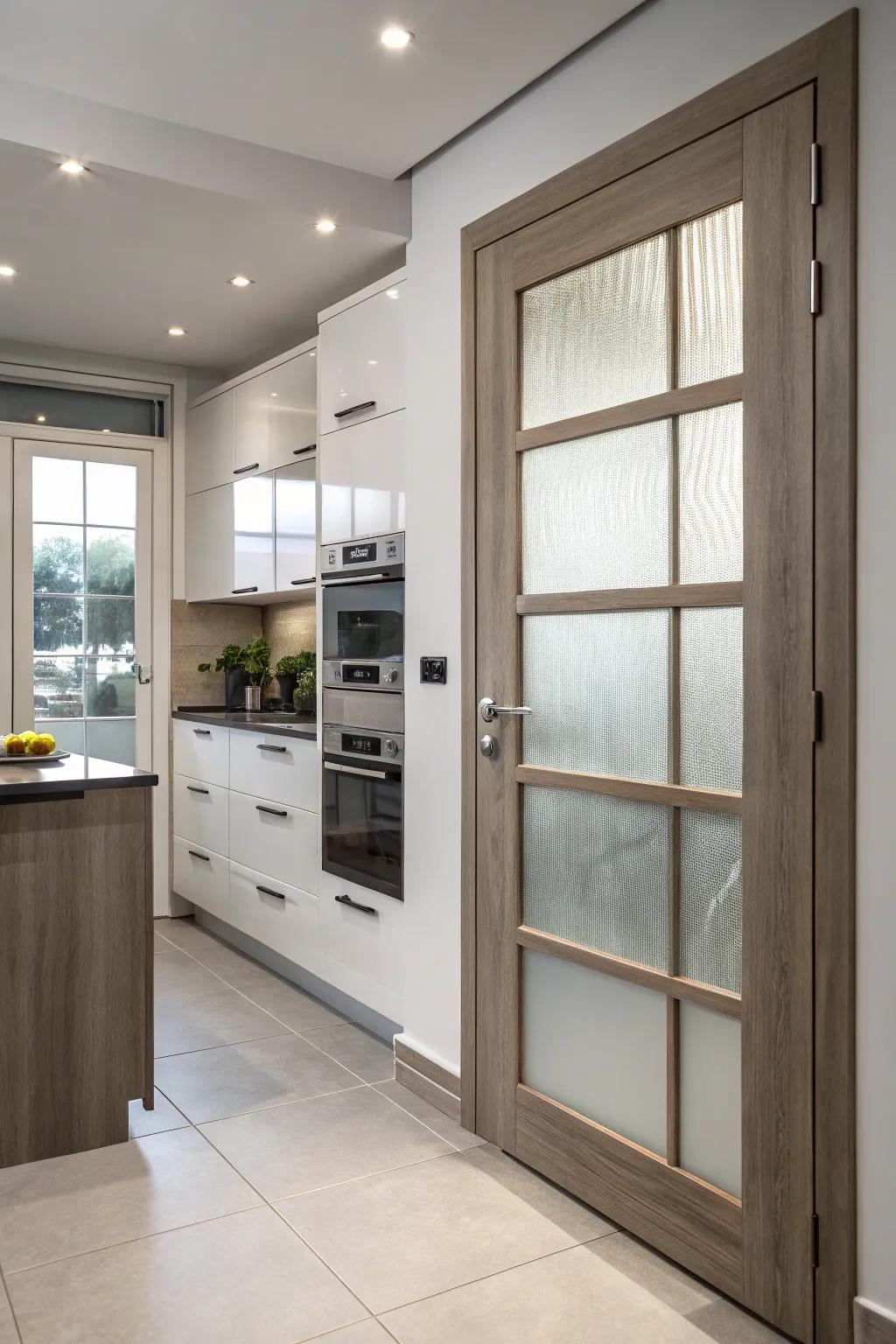 Privacy meets light with frosted glass panels.