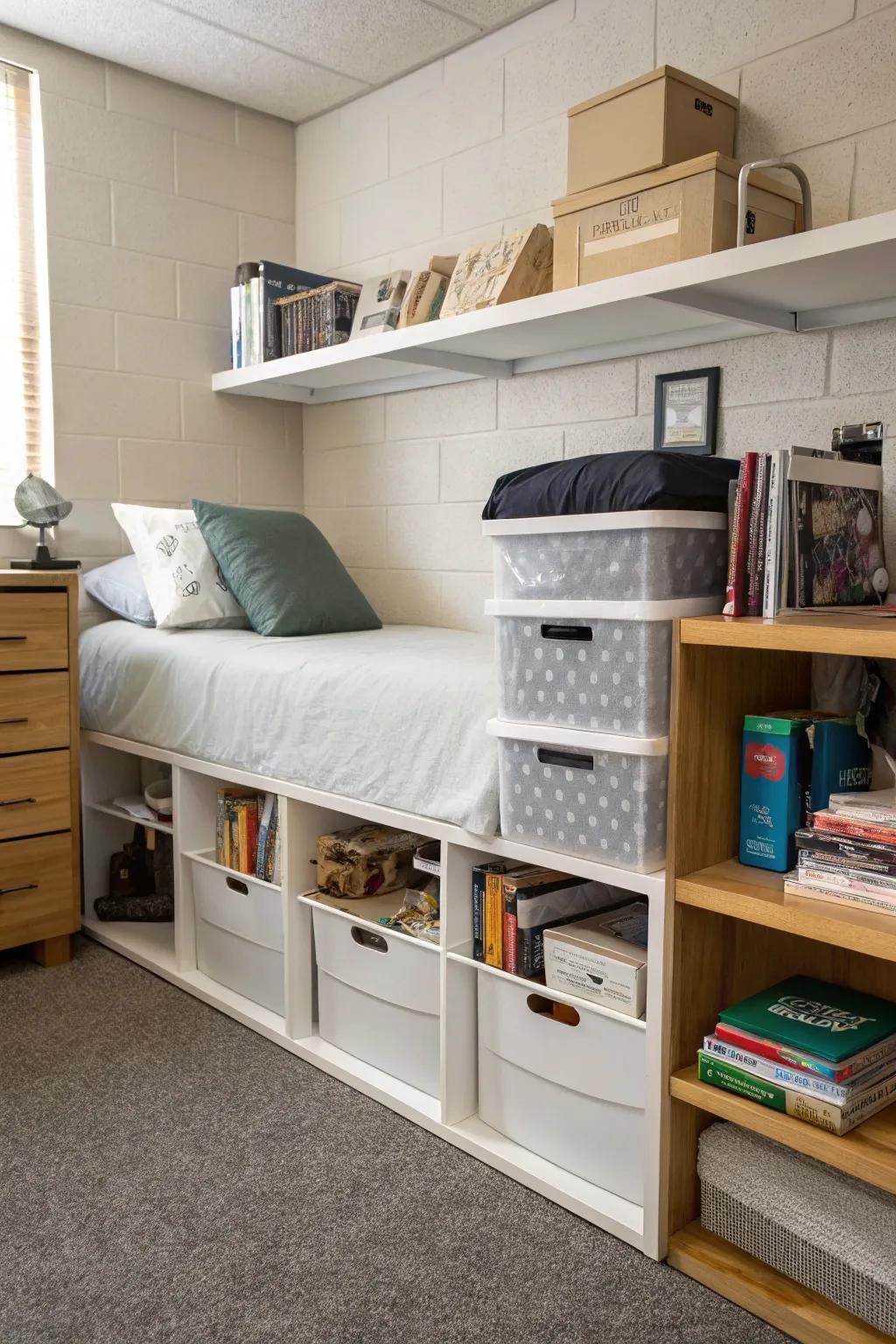 Efficient storage is key to a comfortable dorm room.