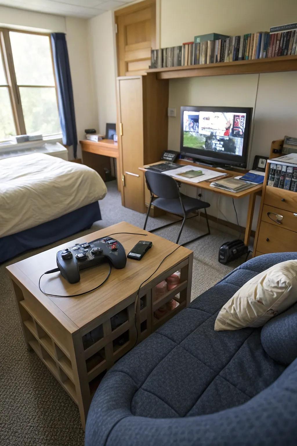Design an entertainment space for relaxation and gaming.