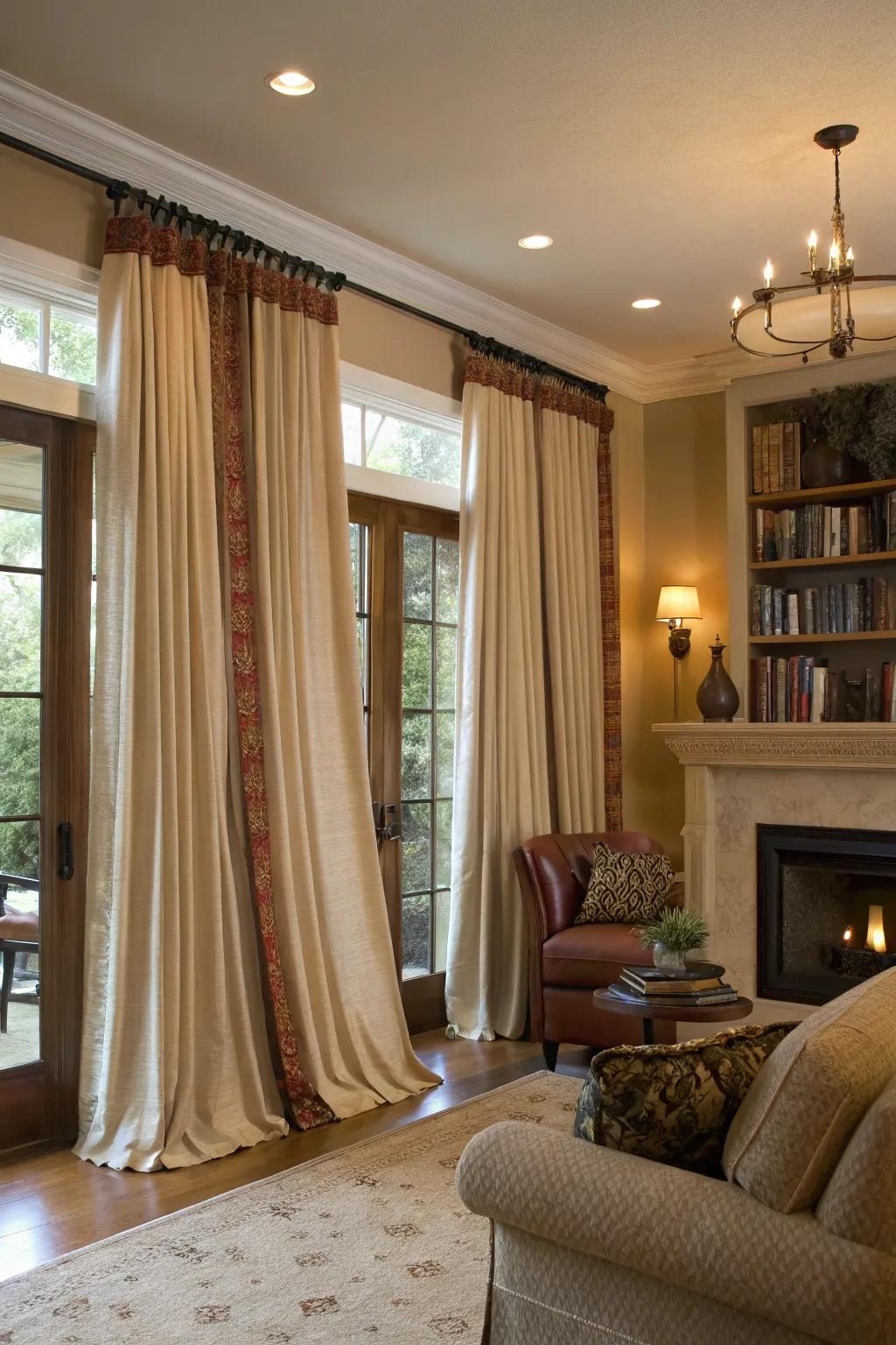Varying curtain lengths add depth and character to this cozy living space.