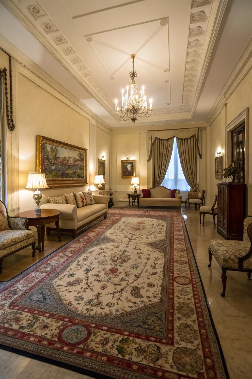 Floor coverings define areas and add texture to the double parlor.