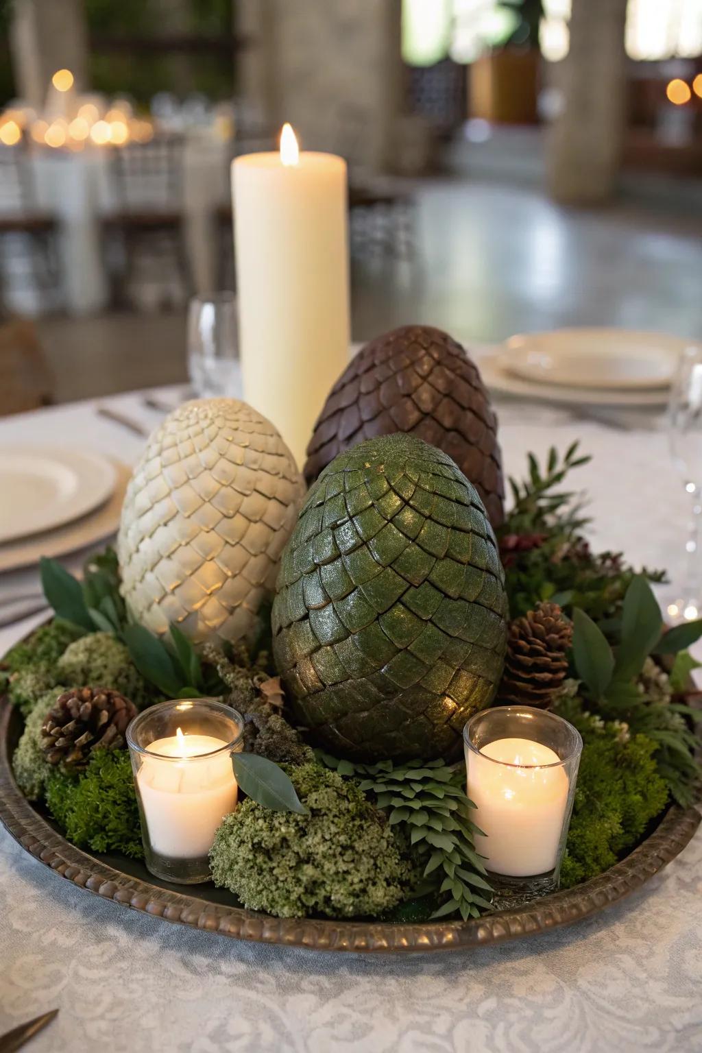 Dragon egg adornments contribute a playful feel to the table arrangement.