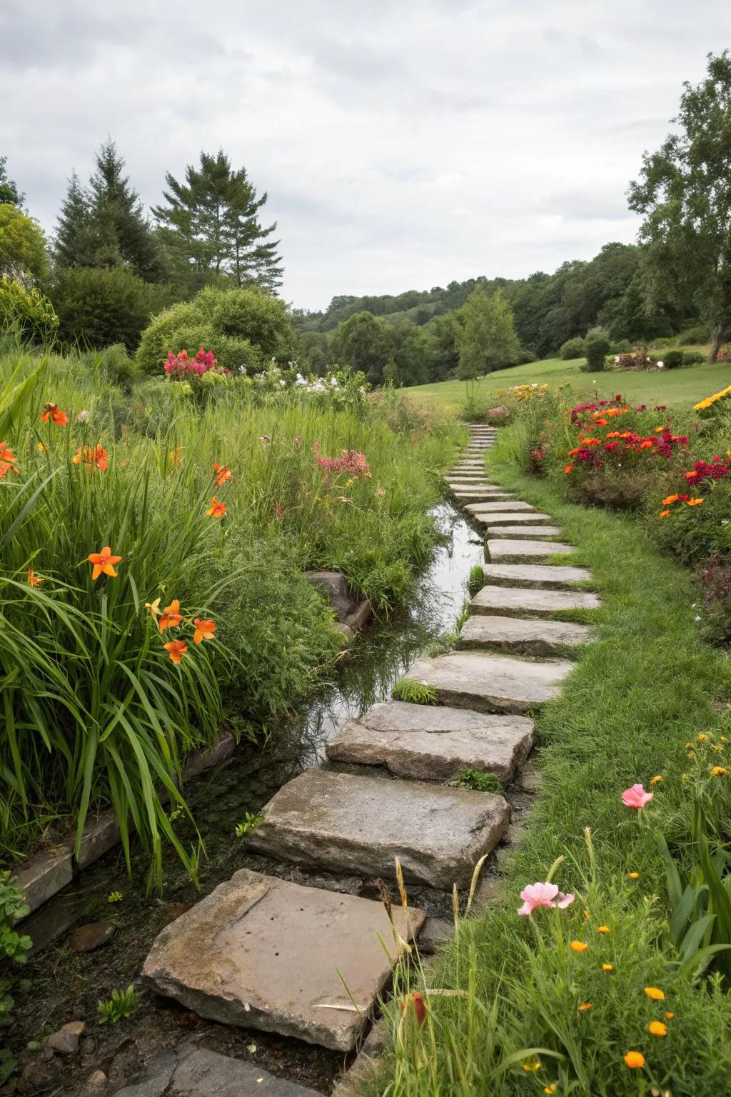 Stepping stones transforming a simple swale into an enchanting garden walkway.