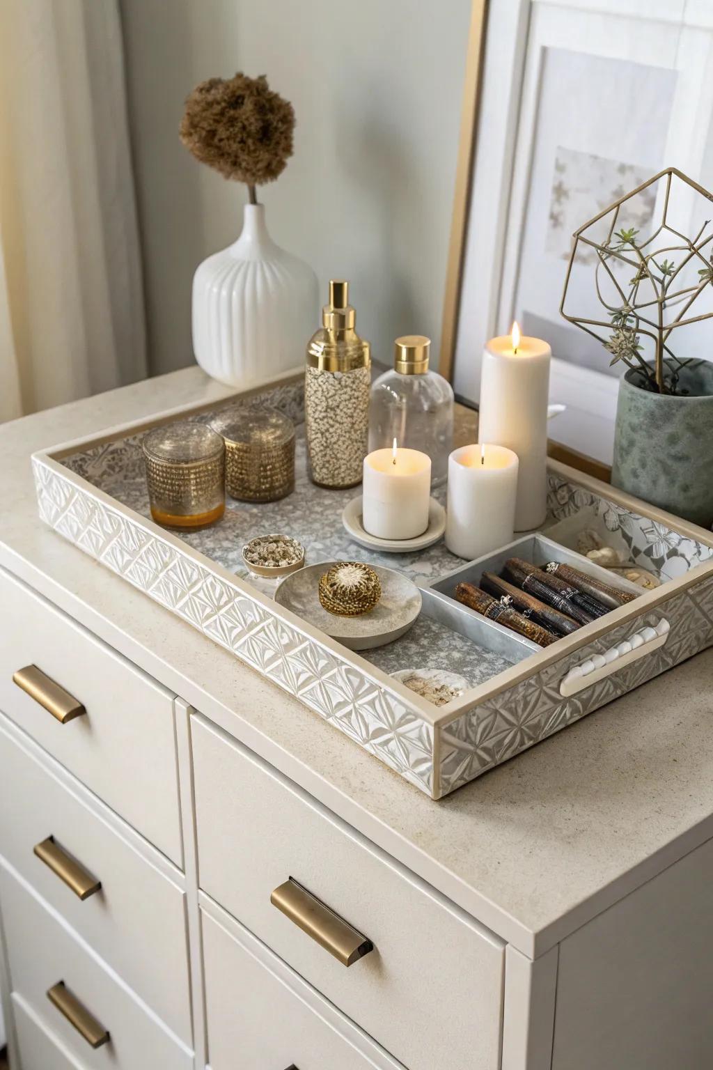 A tray organizes and enhances the decor on the dresser.