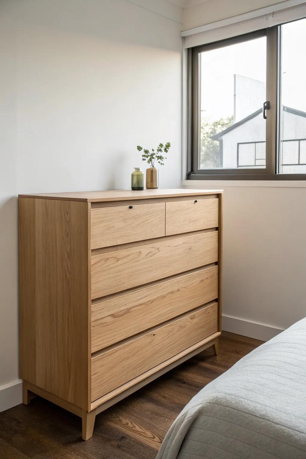 A minimalist dresser with sleek lines that enhance the streamlined appearance of a small bedroom.