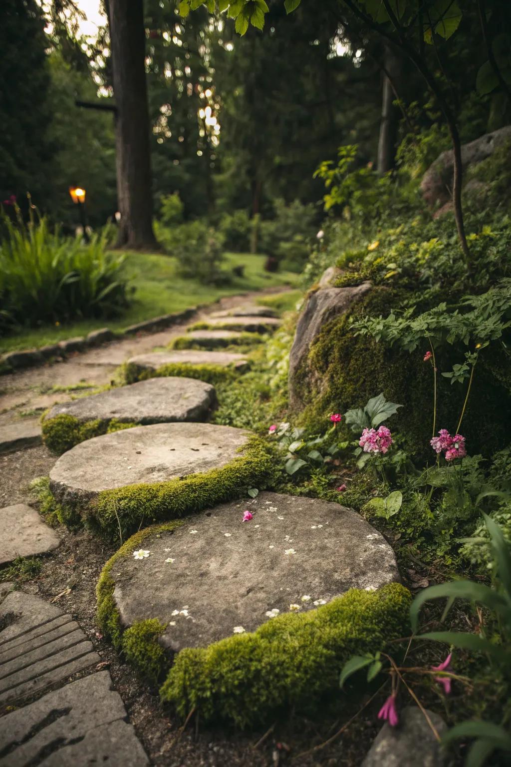 Inherent pavers encompassed by delicate moss.