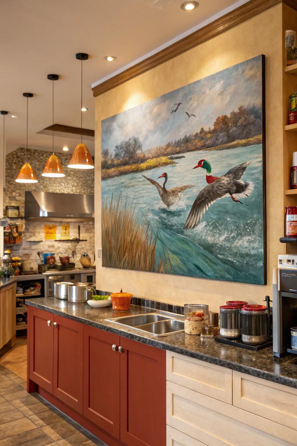 A duck in flight painting adds dynamic energy to any room.